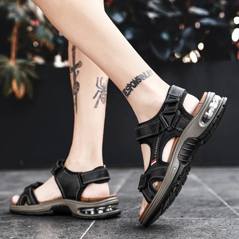New Fashion Men's Sandals Summer Genuine Leather Sandals Outdoor Beach Sandals Non-slip Breathable Men's Wading Shoes Size 38-46