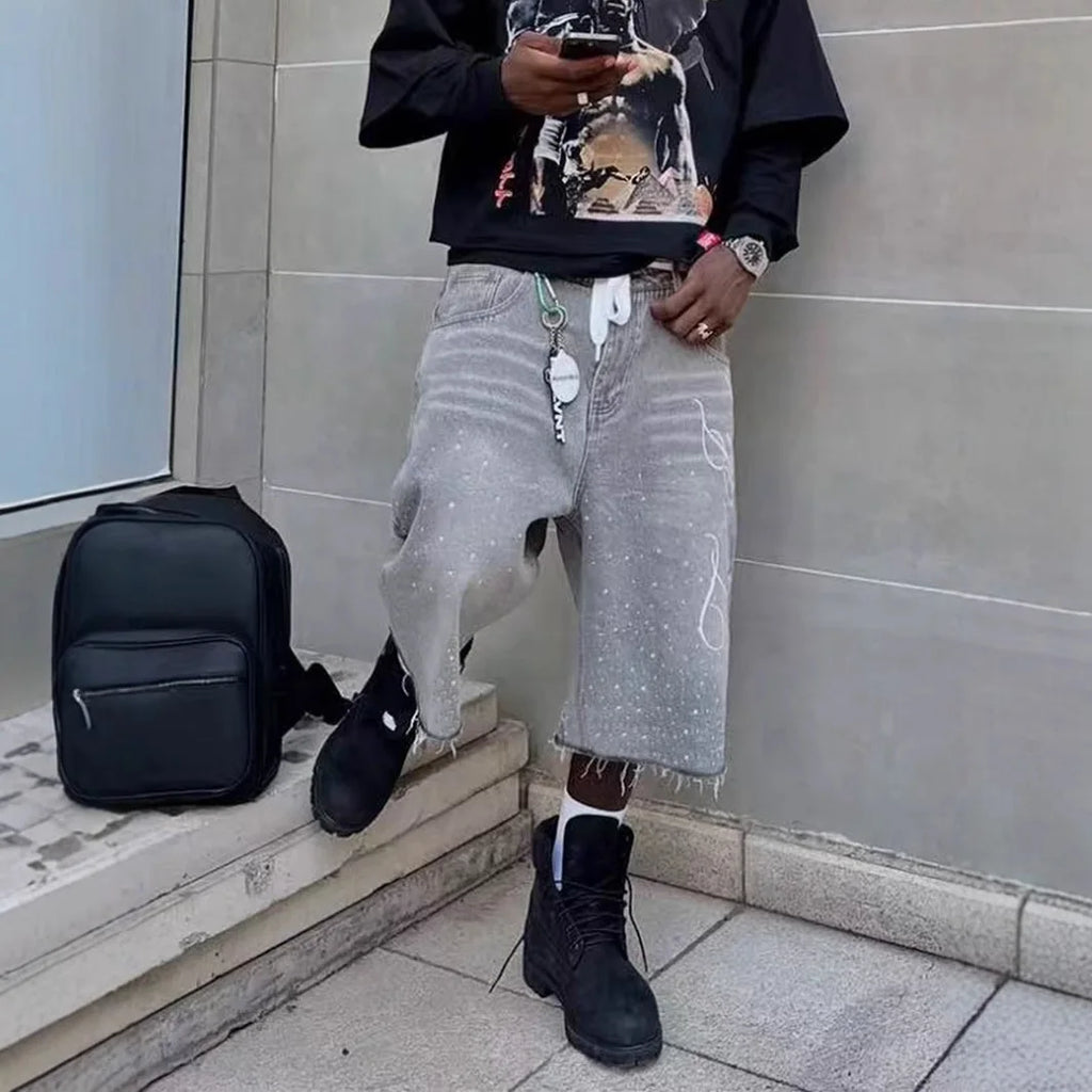 Men Wide Leg Jeans Calf Length Trousers Vintage Mid Waist Washed Diamonds Distressed Pockets Denims Streetwear Summer 2025