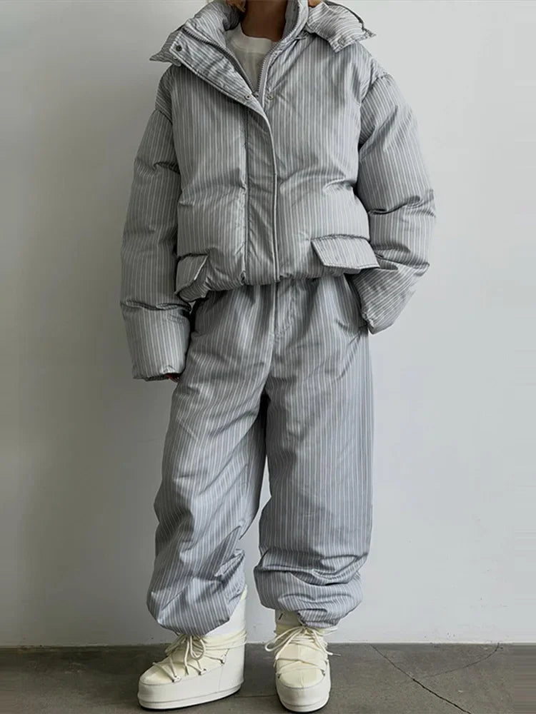 Casual Women's Stripe Set With Hat Full Sleeve Cotton Padded Coat Straight Pants Female Loose Sets 2026 Autumn Winter Lady Suit
